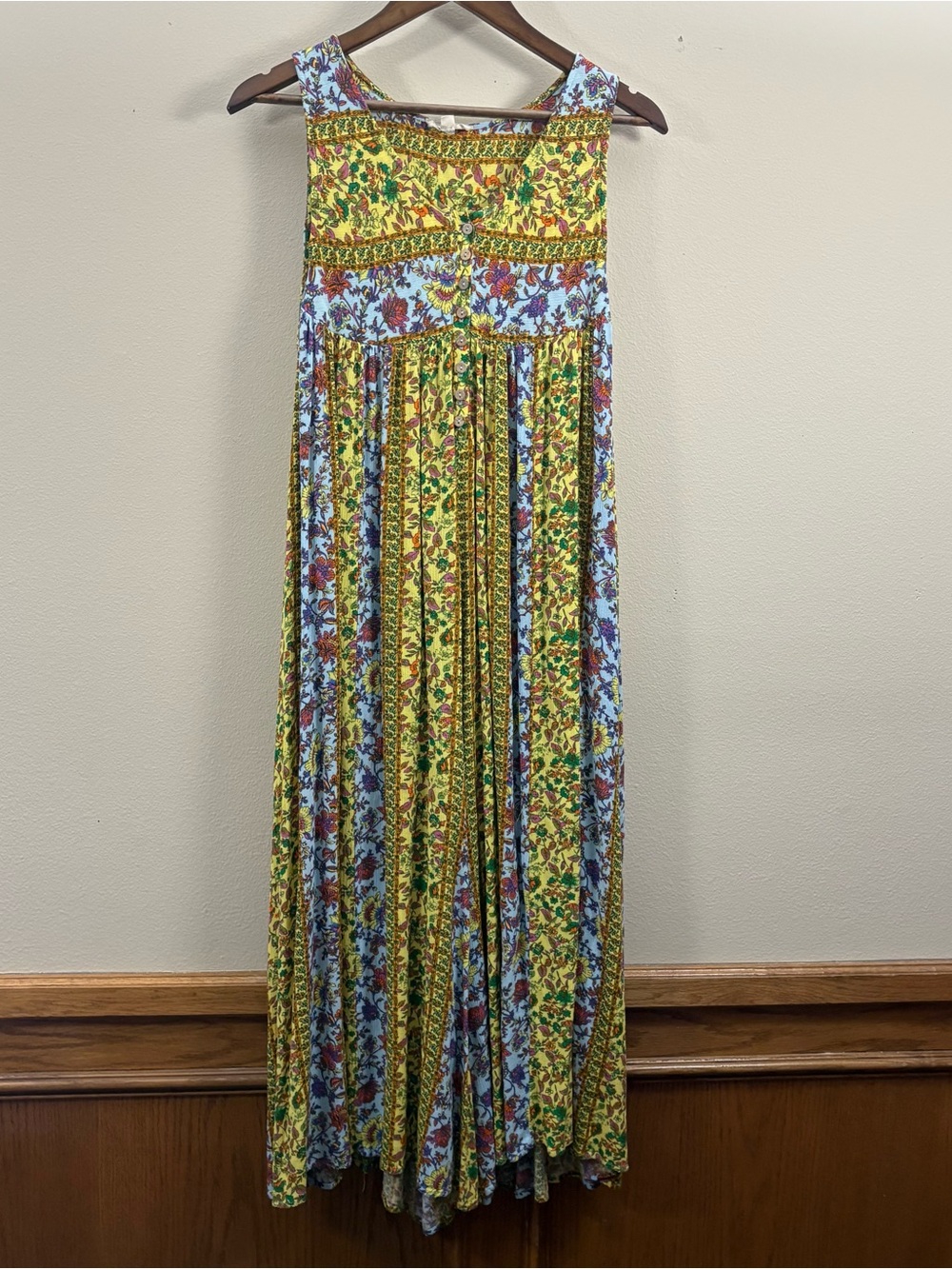 Easel Sleeveless Floral Romper Jumpsuit Womens L wide leg yellow boho chic